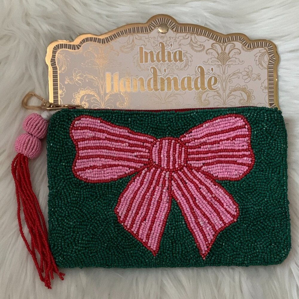 INDIA HANDMADE Bow Striped Clutch in Greed/Red